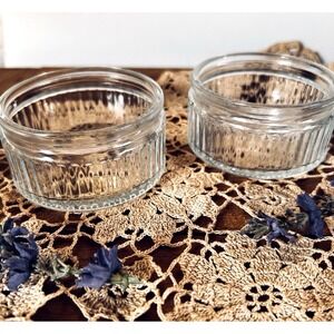 Vintage Ribbed Glass Ramekins Set of 2 Custard Cups Cottage Kitchen Dessert Bowl